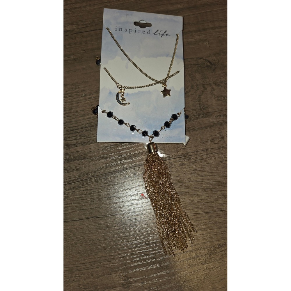 Inspired Life Gold Tone Layered Celestial Moon Star Tassel Necklace Set NEW‎